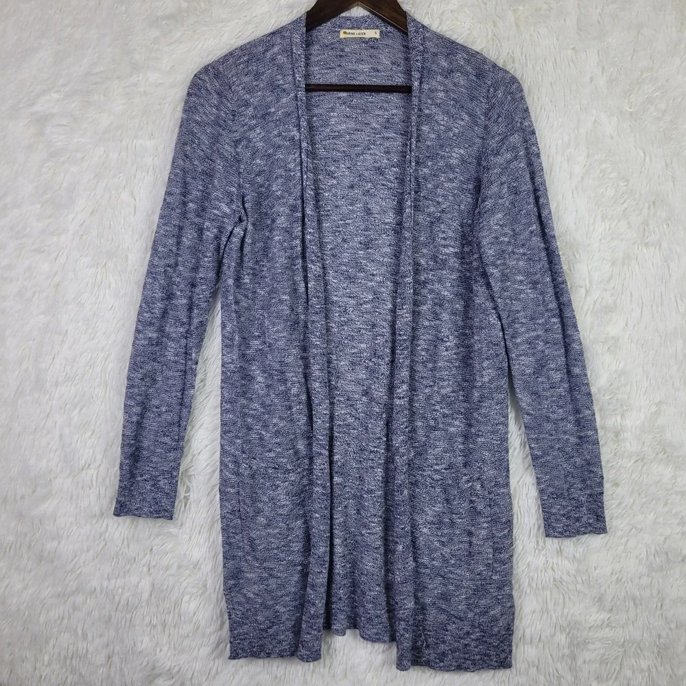 Marine Layer Womens Blue Marled Cotton Open Front Cardigan Sweater Pockets Small